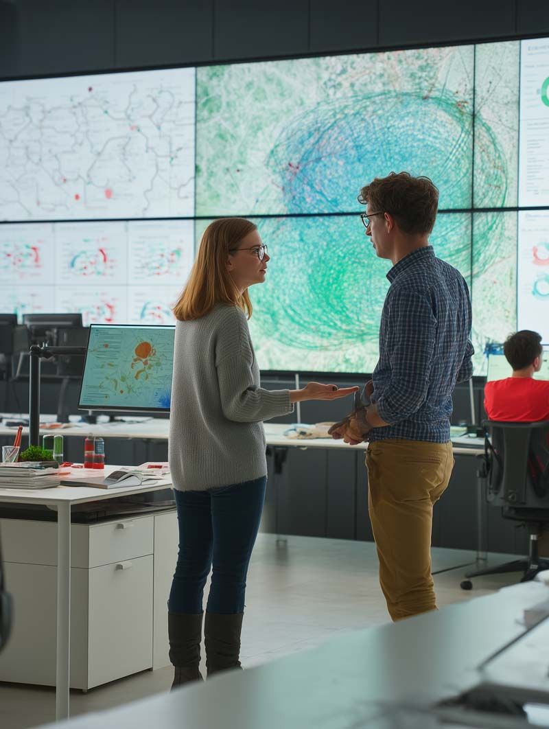 a man and woman standing in an office