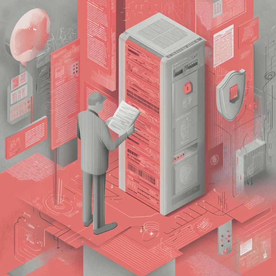 Audit‑Begleitung durch Owlytic Self‑Hosted SLM Audit‑KI , Agent prüft Dokumente neben Serverrack, Compliance‑Schutzsymbol und Datenfluss