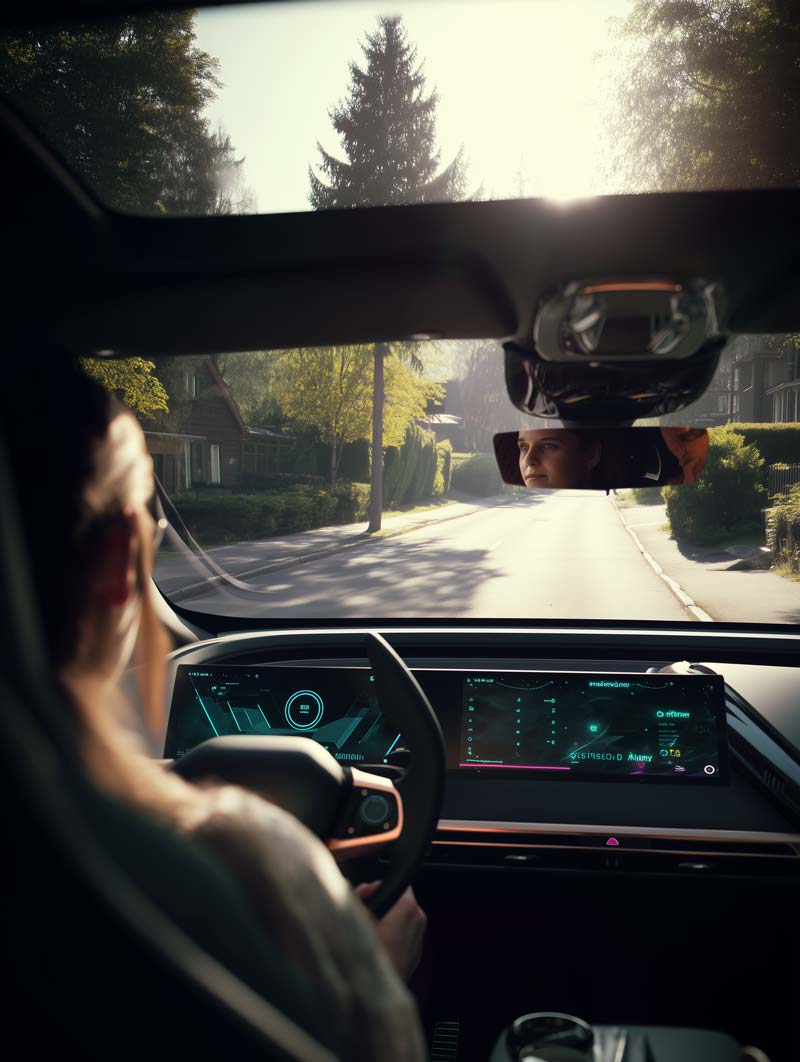 a woman driving a autonomous car