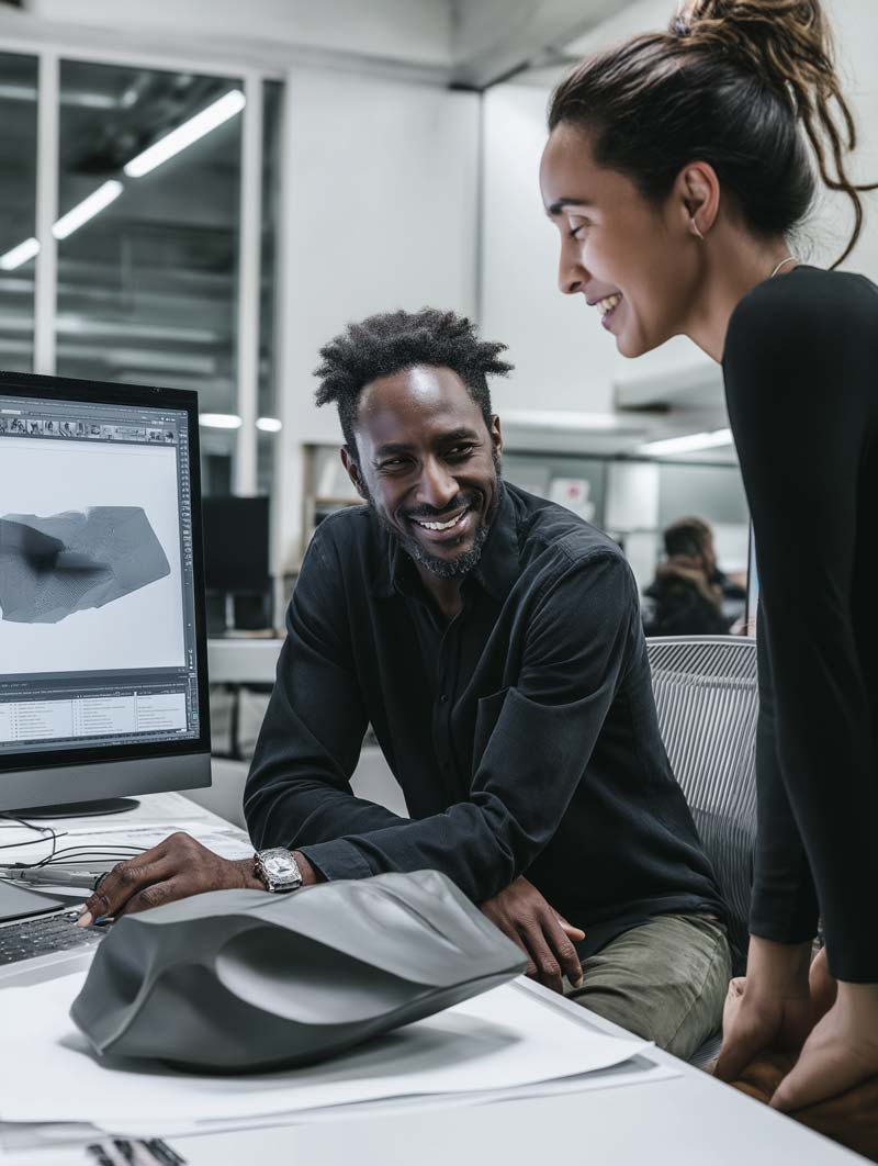 a man and woman looking at a computer